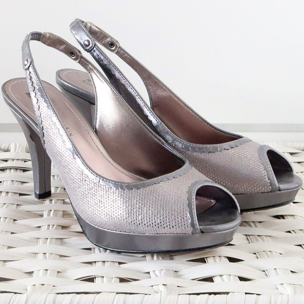 Anne Klein Silver Leather Leather Peep Toe Sling-back Platform Heels Pumps Shoes - Picture 13 of 16